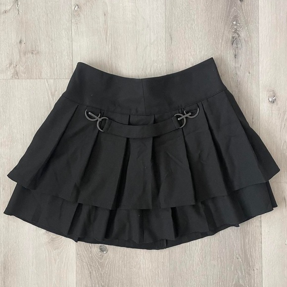 Ideology Black Layered Pleated Mini Skirt with Metal Fabric Chain Goth Punk Hip - Picture 1 of 8